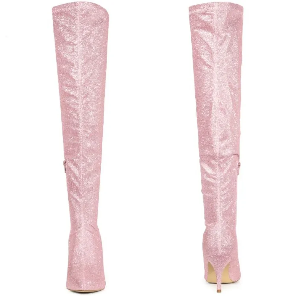 Glitter Pointed Toe Stiletto Heels Pink Over the Knee Boots - Picture 2 of 5